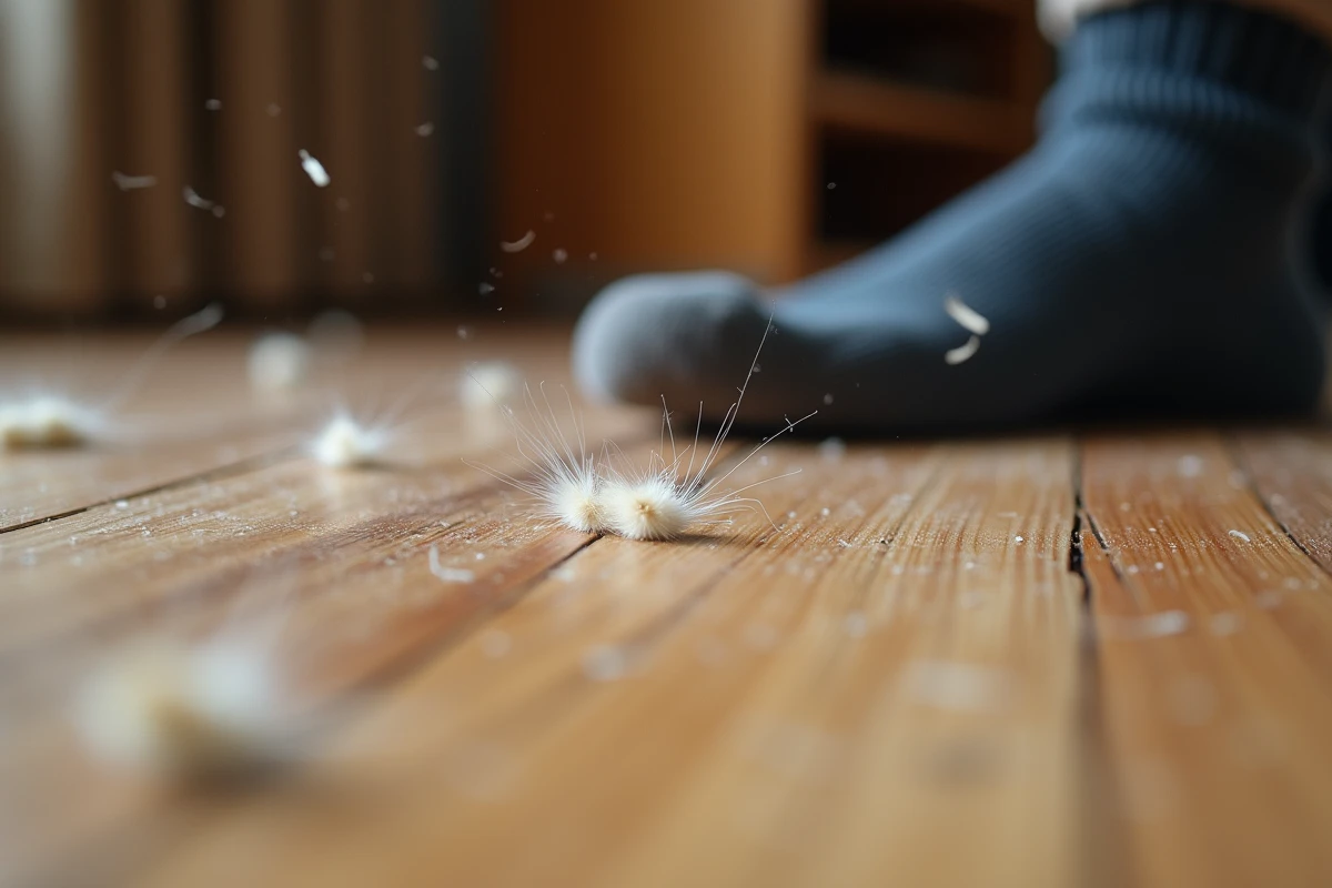 Poils de chat éparpillés sur un plancher en bois et accrochés à une chaussette, illustrant l'accumulation de poils d'animaux dans l'environnement domestique et leurs effets sur la santé pulmonaire