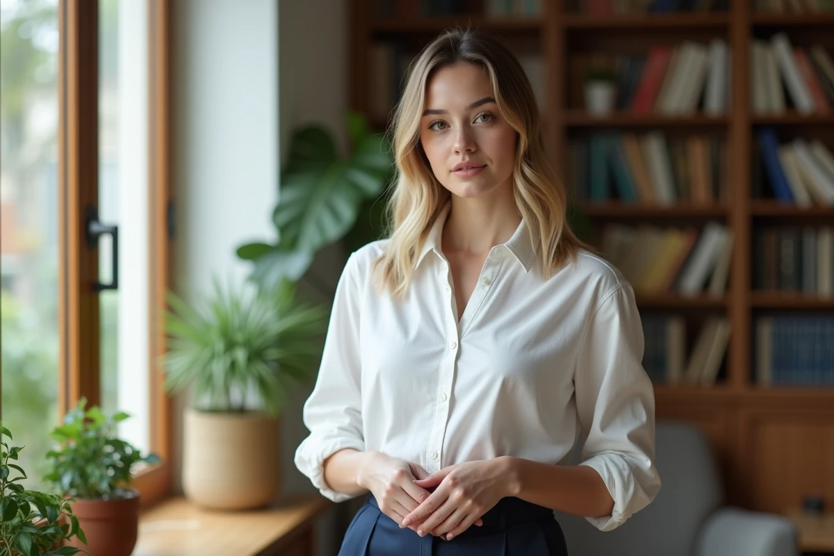 Portrait d'une jeune femme en chemise blanche dans un salon chaleureux avec bibliothèque, évoquant la vie personnelle d'Alaina Marie Mathers