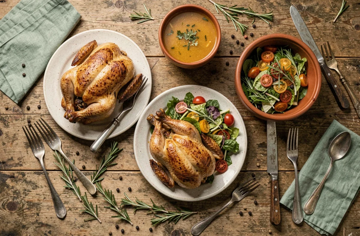 Vue aérienne d'un repas maison complet sur table en bois rustique avec poulet rôti, salade et soupe