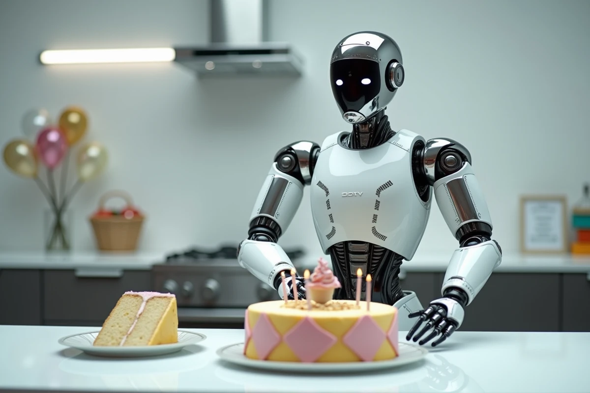 Robot chromé distribuant des parts de gâteau d'anniversaire avec une précision chirurgicale et un bras mécanique