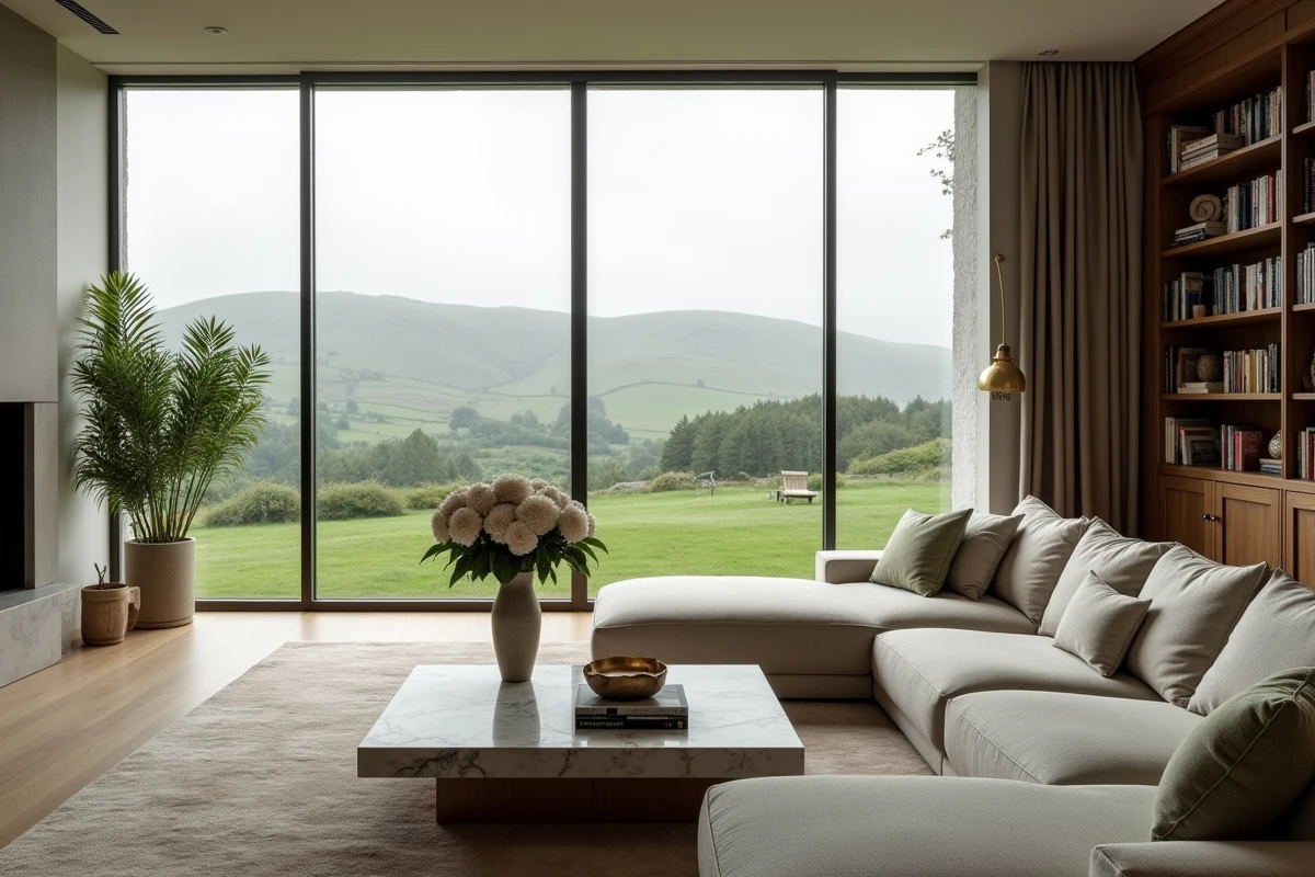 Salon spacieux de maison contemporaine haut de gamme avec grandes baies vitrées donnant sur la campagne irlandaise verdoyante