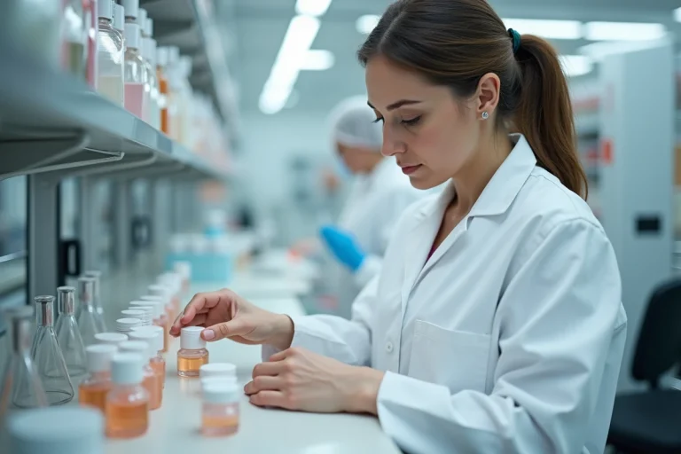 Scientifique femme inspectant des flacons de soins dans un laboratoire moderne