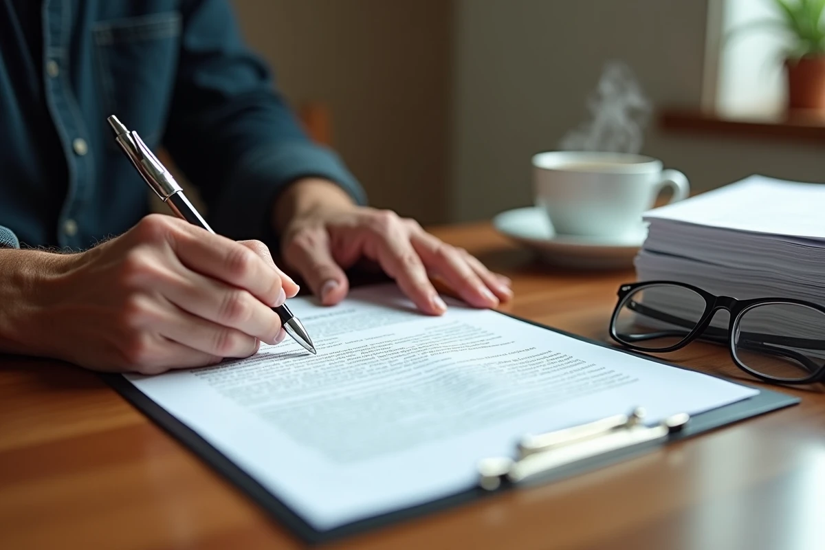 Gros plan de mains d'un salarié senior signant un document officiel de solde de tout compte lors d'un départ à la retraite