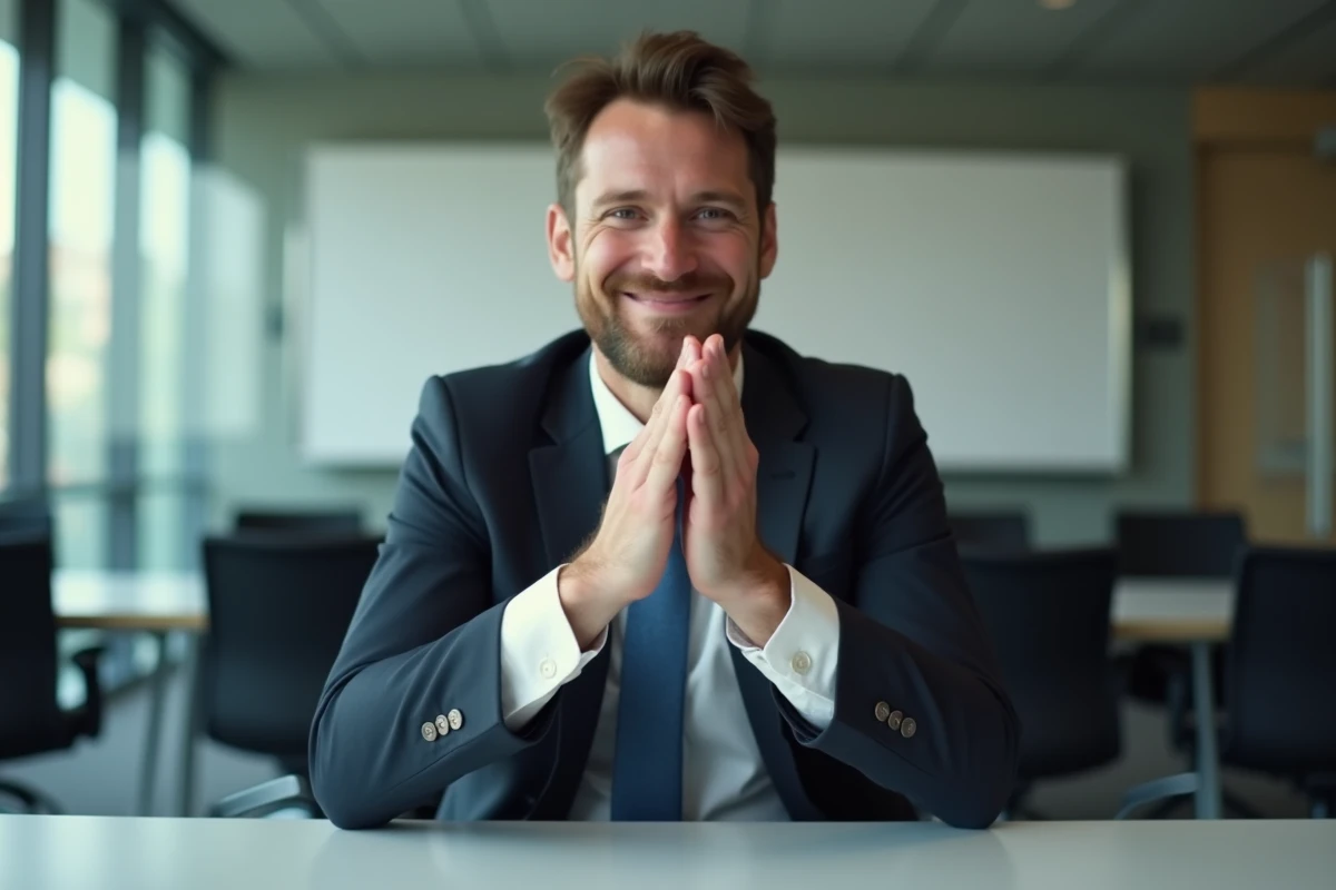 Personnage en costume dans une salle de réunion faisant un slow clap sarcastique et admiratif face à la caméra