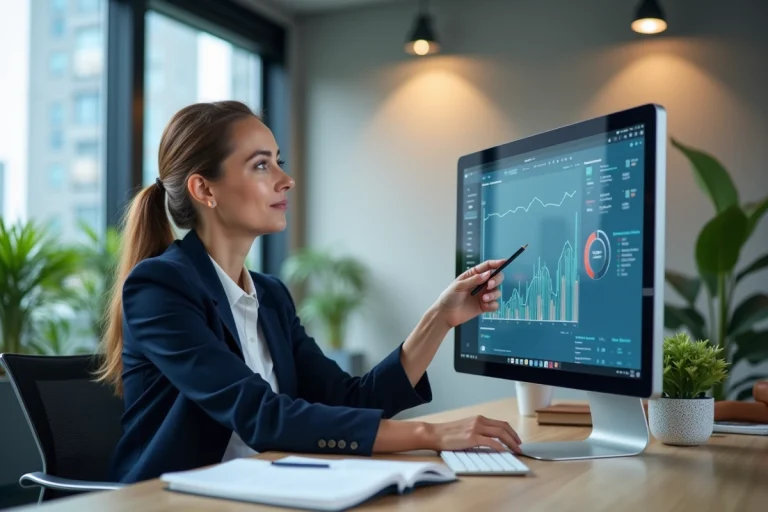 Femme d'affaires analysant une stratégie digitale B2B sur un tableau de bord marketing dans un bureau moderne