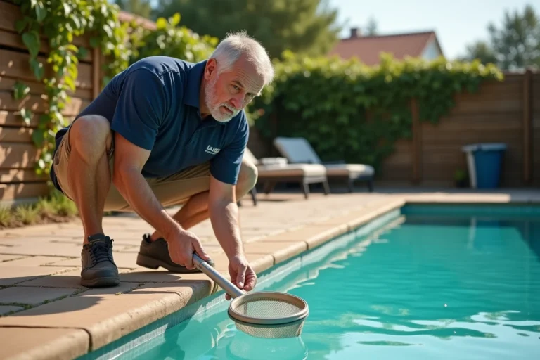 Technicien de piscine retirant des débris de verre au fond d'une piscine extérieure avec une épuisette à mailles fines