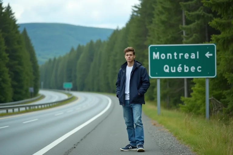 Jeune homme en voyage près de la route Québec Montréal